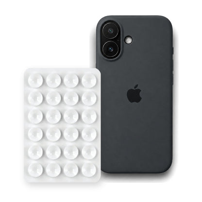 iPhone 16 Liquid Silicone case in Black with a White suction phone holder