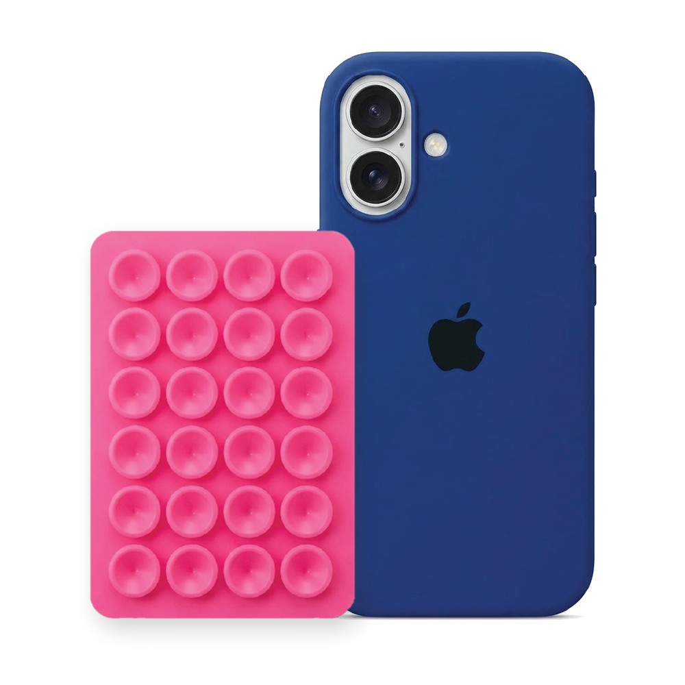 iPhone 16 Liquid Silicone case in Royal Blue with a Hot Pink suction phone holder
