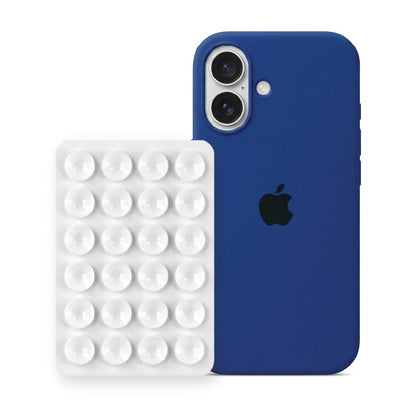 iPhone 16 Liquid Silicone case in Royal Blue with a White suction phone holder