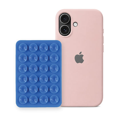 iPhone 16 Liquid Silicone case in Sand Pink with a Blue suction phone holder