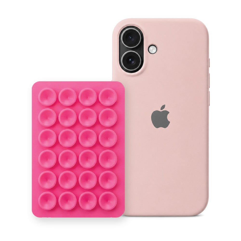 iPhone 16 Liquid Silicone case in Sand Pink with a Hot Pink suction phone holder