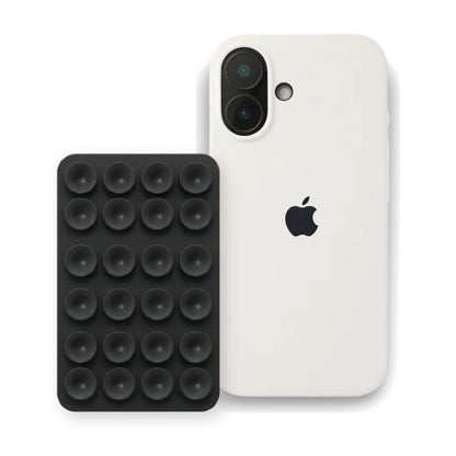 iPhone 16 Liquid Silicone case in White with a Black suction phone holder