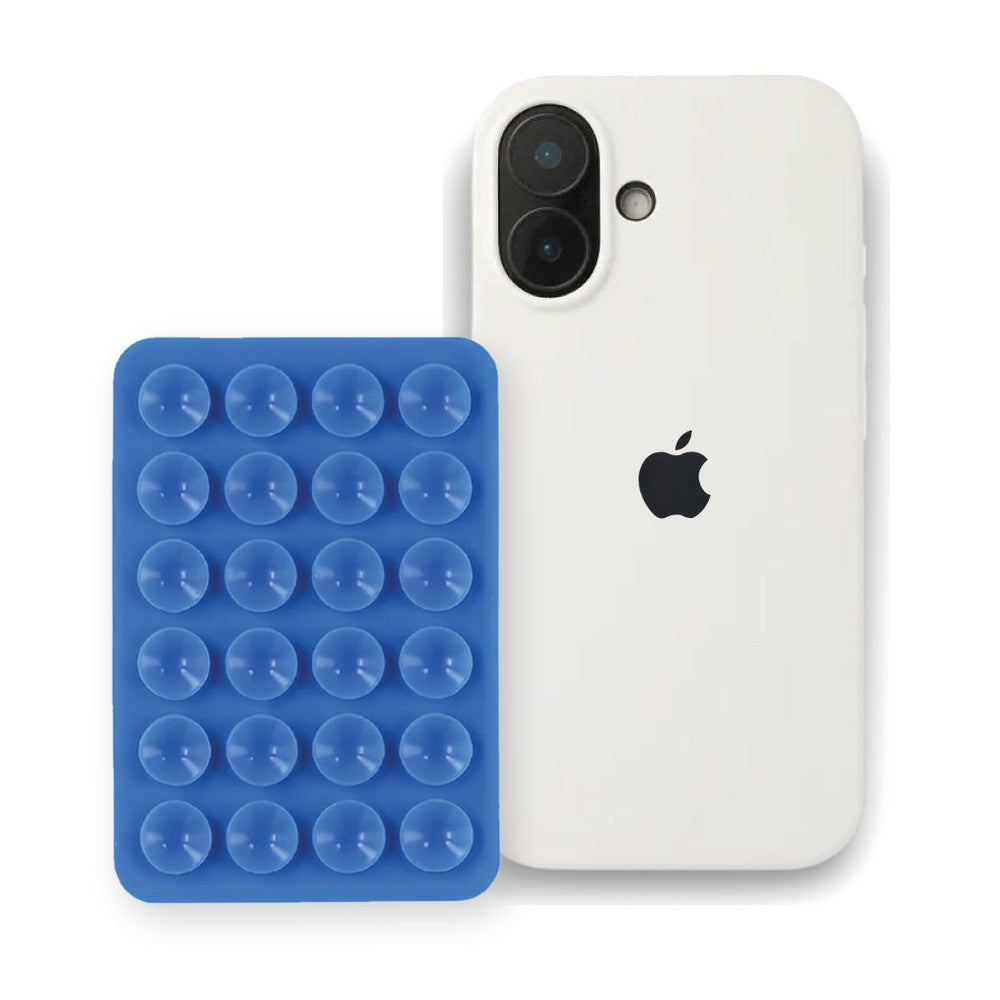 iPhone 16 Liquid Silicone case in White with a Blue suction phone holder