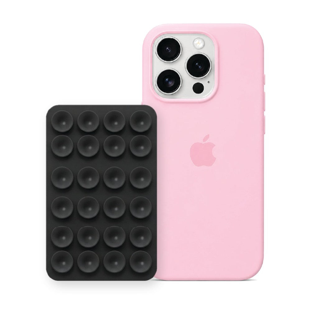 iPhone 16 Pro Liquid Silicone case in Baby Pink with a Black suction phone holder