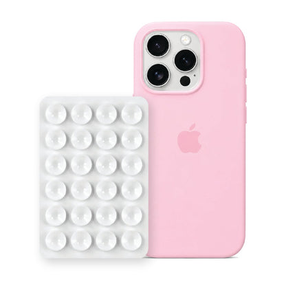 iPhone 16 Pro Liquid Silicone case in Baby Pink with a White suction phone holder