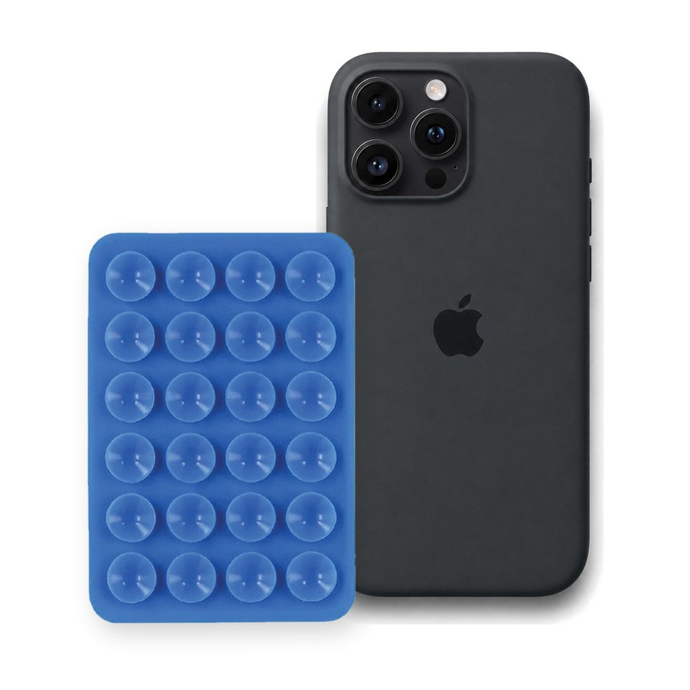 iPhone 16 Pro Liquid Silicone case in Black with a Blue suction phone holder