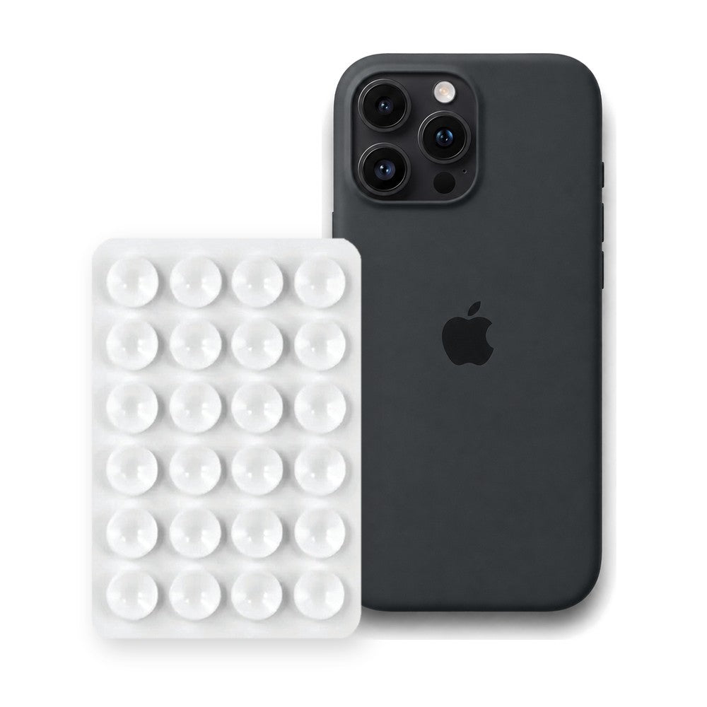 iPhone 16 Pro Liquid Silicone case in Black with a White suction phone holder