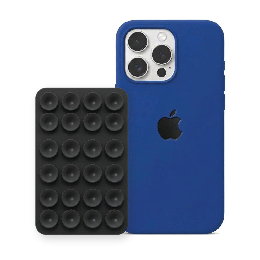 iPhone 16 Pro Liquid Silicone case in Royal Blue with a Black suction phone holder