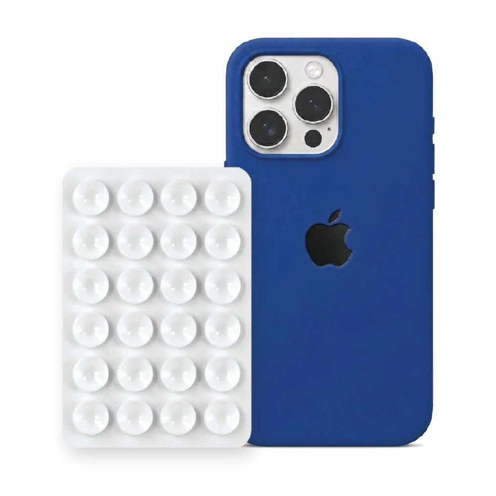 iPhone 16 Pro Liquid Silicone case in Royal Blue with a White suction phone holder