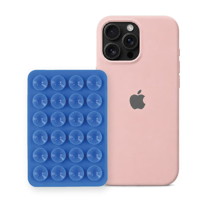 iPhone 16 Pro Liquid Silicone case in Sand Pink with a Blue suction phone holder