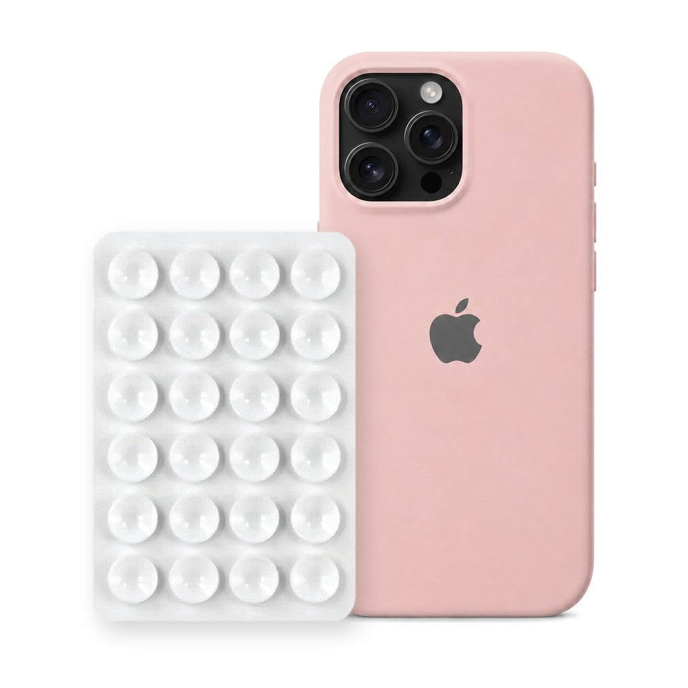 iPhone 16 Pro Liquid Silicone case in Sand Pink with a White suction phone holder