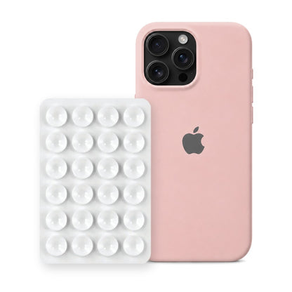 iPhone 16 Pro Liquid Silicone case in Sand Pink with a White suction phone holder