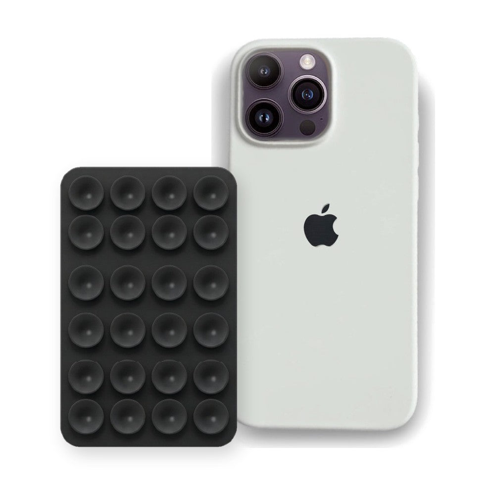 iPhone 16 Pro Liquid Silicone case in White with a Black suction phone holder