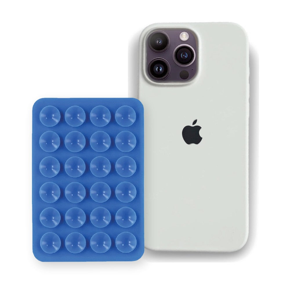 iPhone 16 Pro Liquid Silicone case in White with a Blue suction phone holder