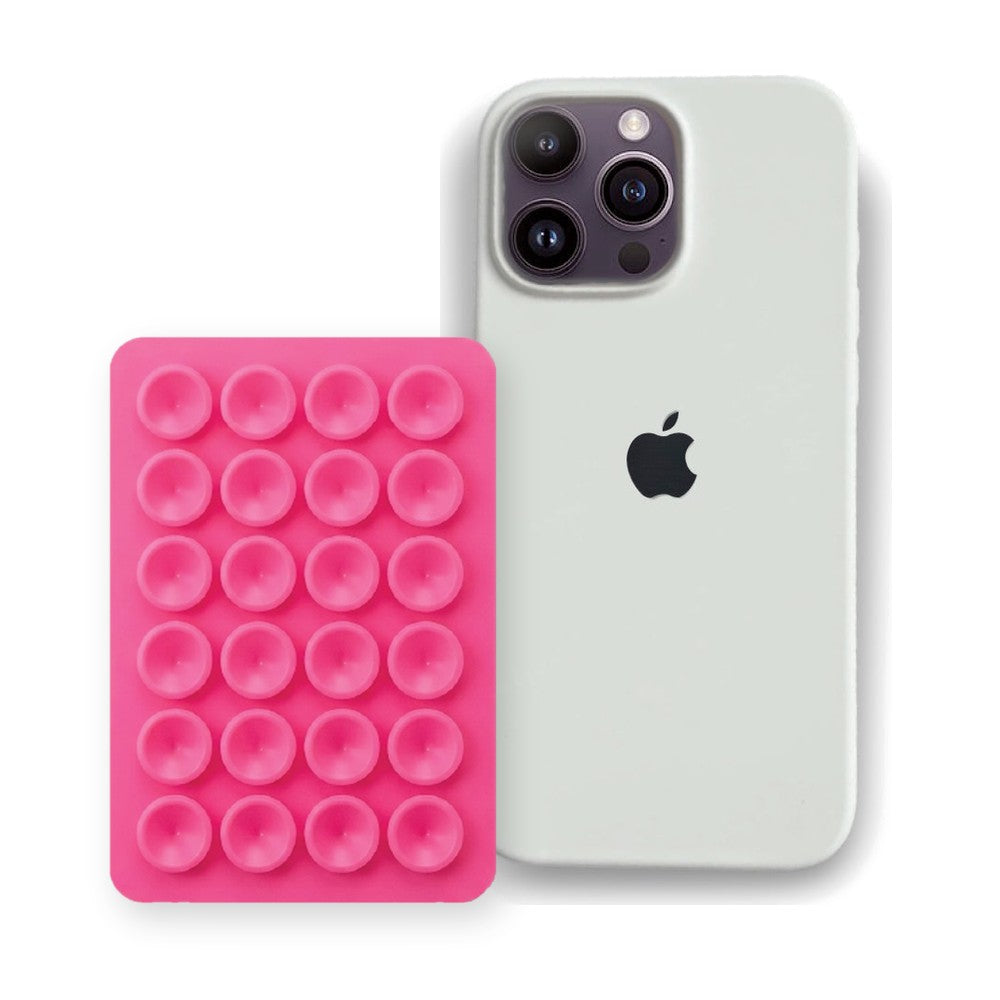 iPhone 16 Pro Liquid Silicone case in White with a Hot Pink suction phone holder