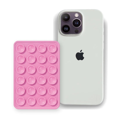 iPhone 16 Pro Liquid Silicone case in White with a Light Pink suction phone holder