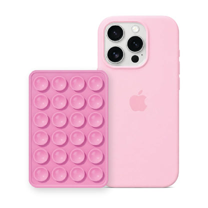 iPhone 16 Pro Max Liquid Silicone case in Baby Pink with a Light Pink suction phone holder