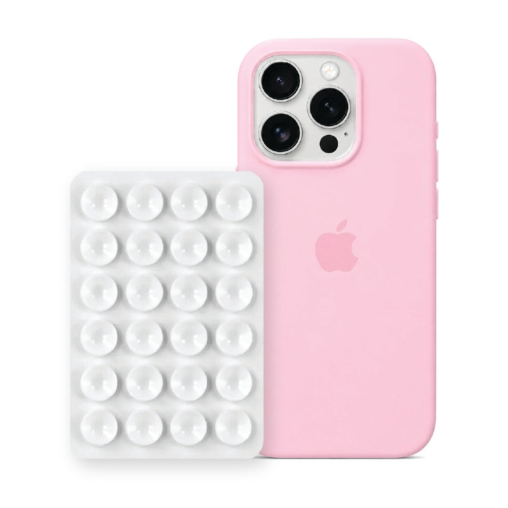 iPhone 16 Pro Max Liquid Silicone case in Baby Pink with a White suction phone holder