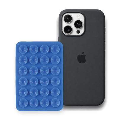 iPhone 16 Pro Max Liquid Silicone case in Black with a Blue suction phone holder