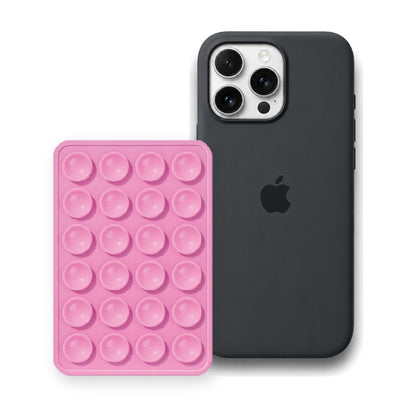 iPhone 16 Pro Max Liquid Silicone case in Black with a Light Pink suction phone holder