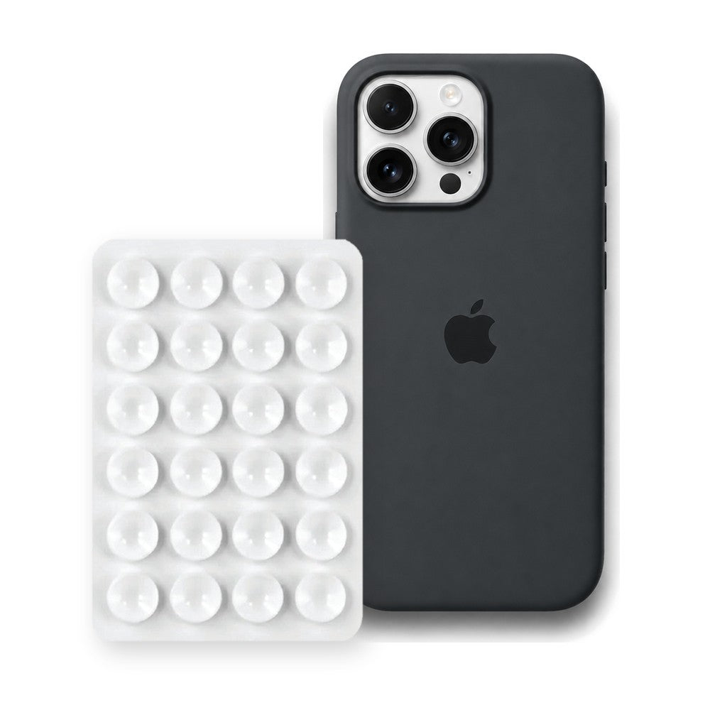 iPhone 16 Pro Max Liquid Silicone case in Black with a White suction phone holder