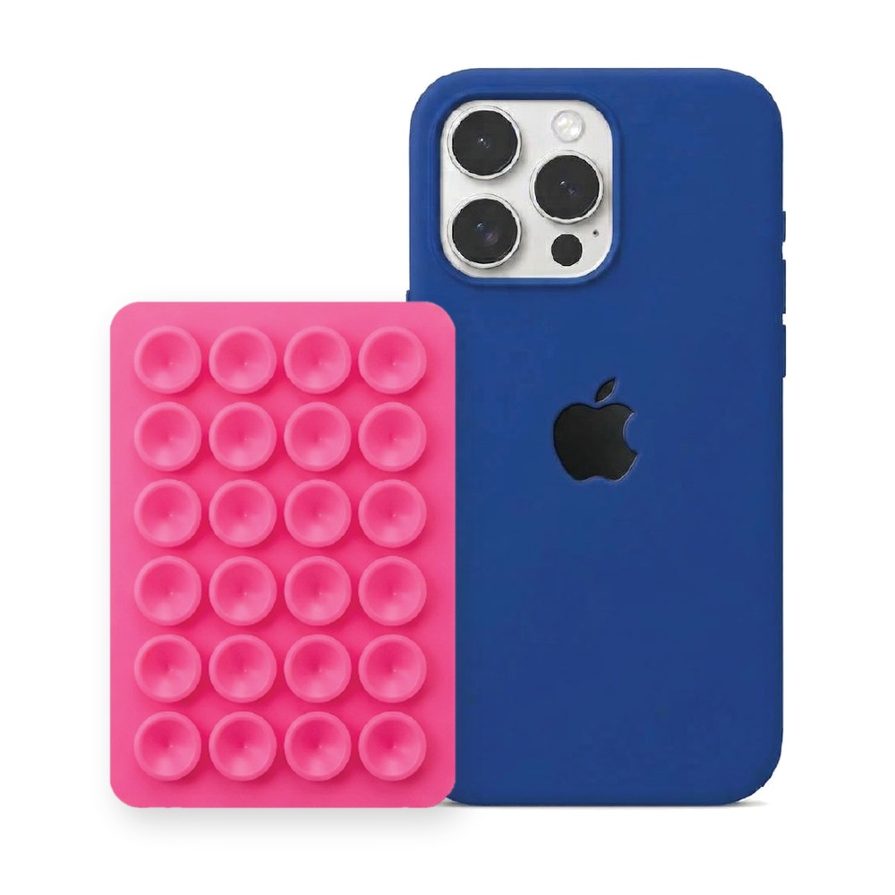 iPhone 16 Pro Max Liquid Silicone case in Royal Blue with a Hot Pink suction phone holder