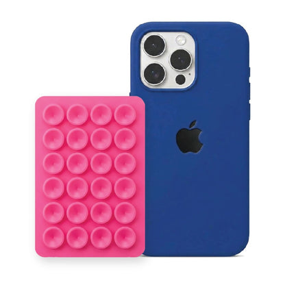iPhone 16 Pro Max Liquid Silicone case in Royal Blue with a Hot Pink suction phone holder