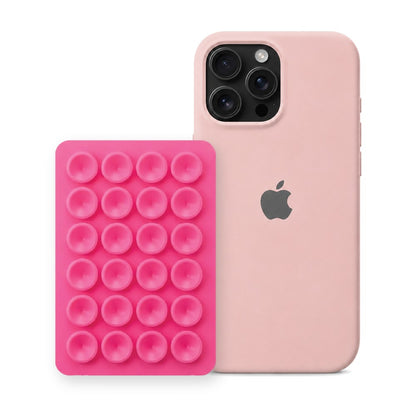 iPhone 16 Pro Max Liquid Silicone case in Sand Pink with a Hot Pink suction phone holder