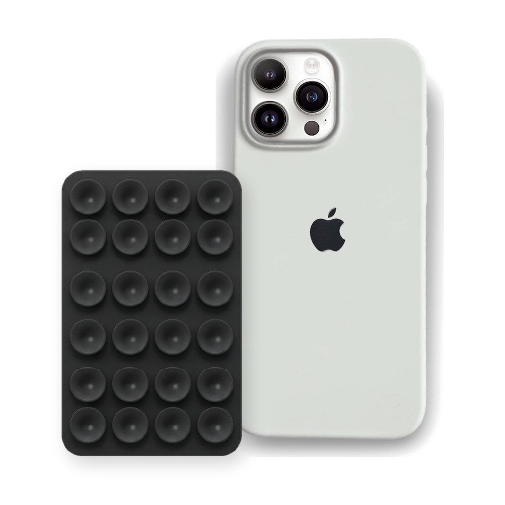 iPhone 16 Pro Max Liquid Silicone case in White with a Black suction phone holder