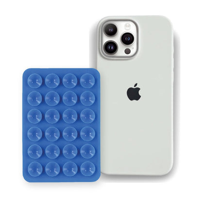 iPhone 16 Pro Max Liquid Silicone case in White with a Blue suction phone holder