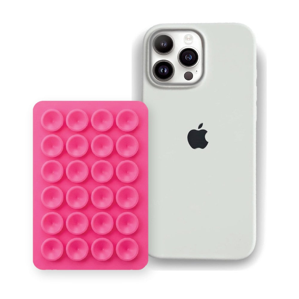 iPhone 16 Pro Max Liquid Silicone case in White with a Hot Pink suction phone holder