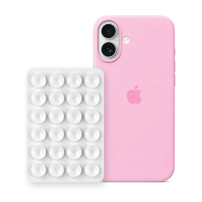 iPhone 17 Liquid Silicone case in Baby Pink with a White suction phone holder