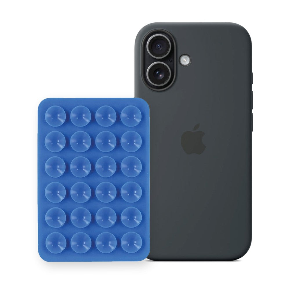 iPhone 17 Liquid Silicone case in Black with a Blue suction phone holder