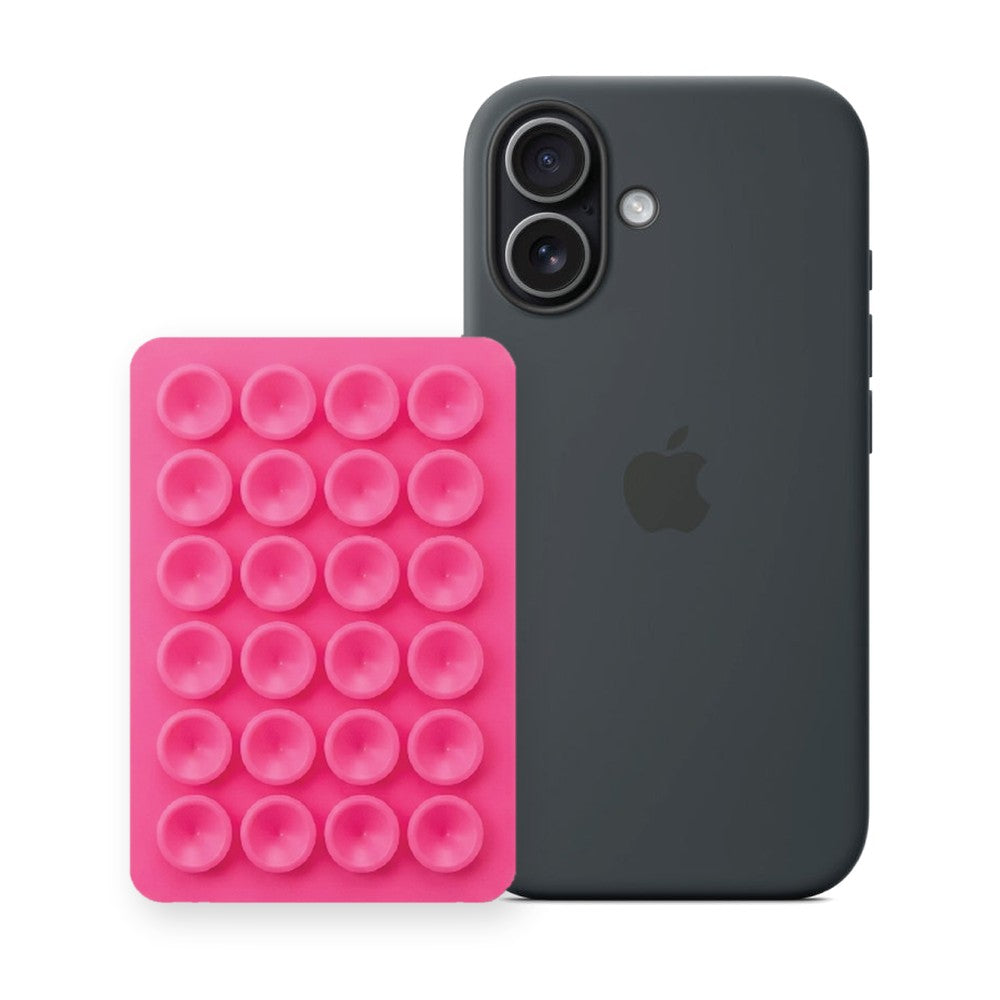 iPhone 17 Liquid Silicone case in Black with a Hot Pink suction phone holder