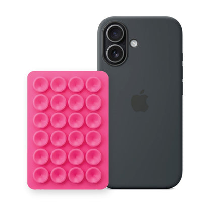 iPhone 17 Liquid Silicone case in Black with a Hot Pink suction phone holder