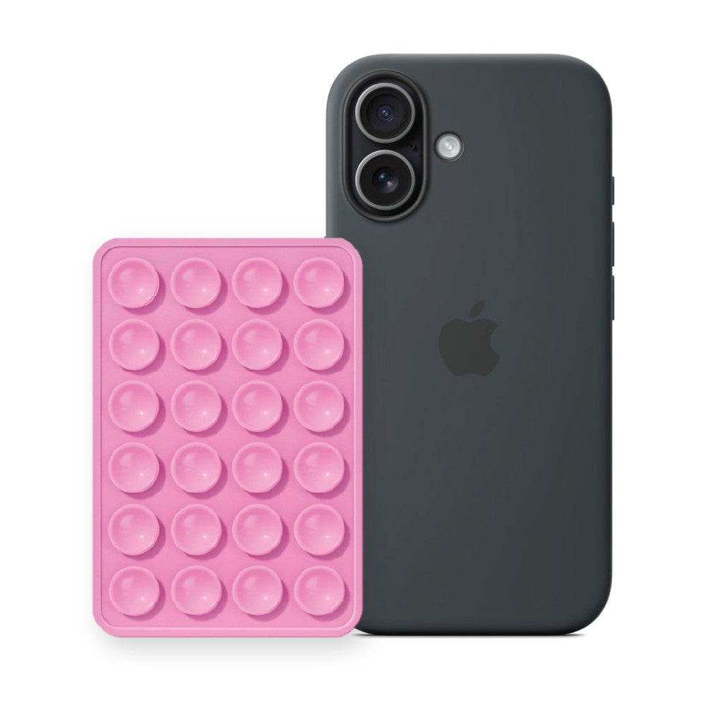 iPhone 17 Liquid Silicone case in Black with a Light Pink suction phone holder
