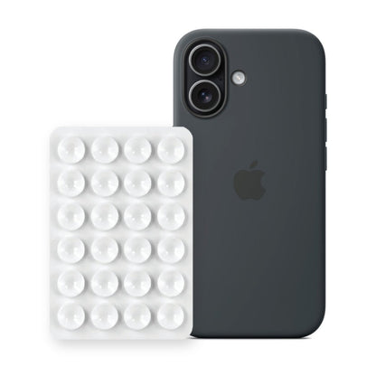 iPhone 17 Liquid Silicone case in Black with a White suction phone holder