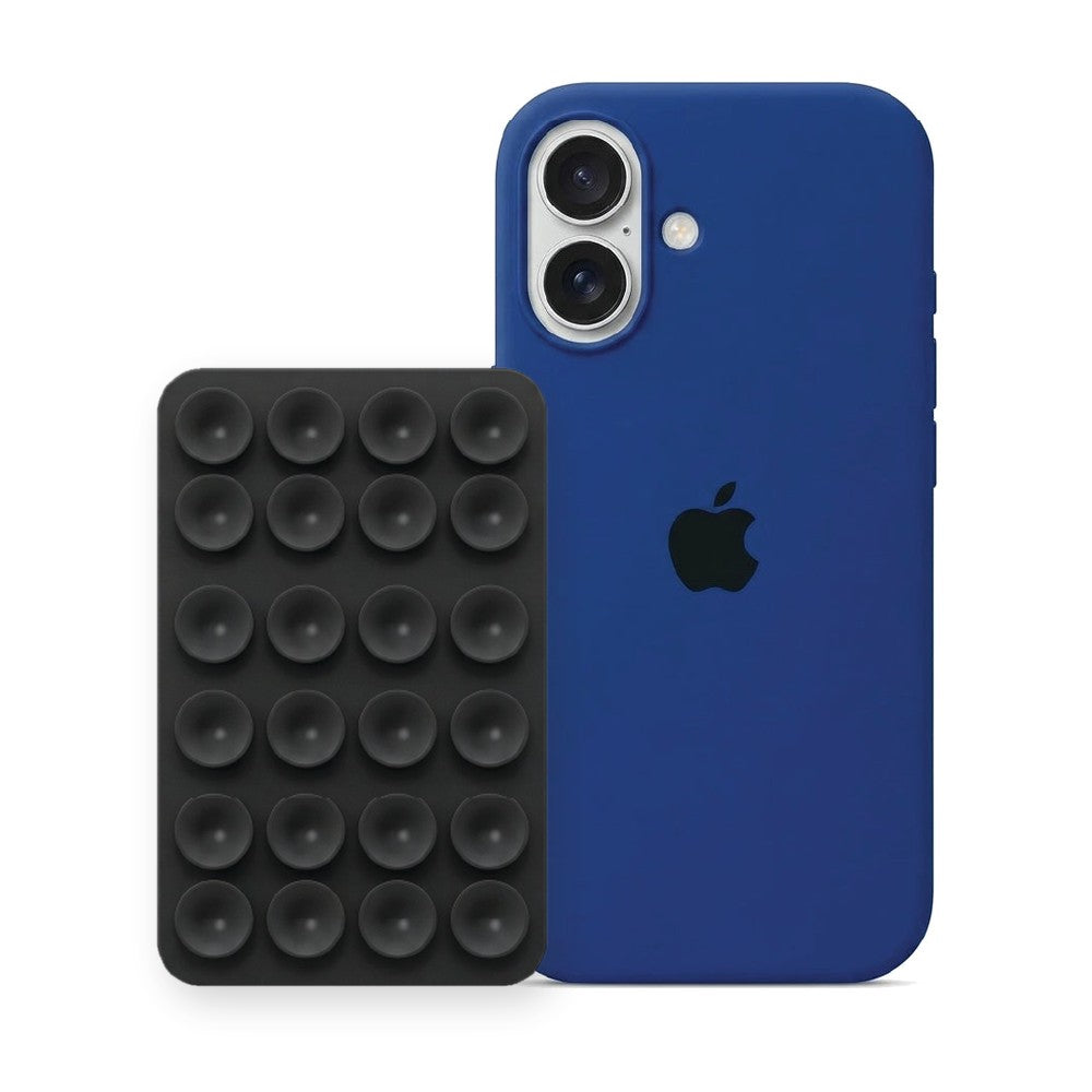 iPhone 17 Liquid Silicone case in Royal Blue with a Black suction phone holder