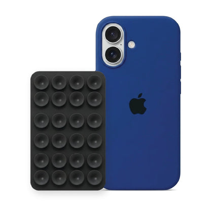 iPhone 17 Liquid Silicone case in Royal Blue with a Black suction phone holder