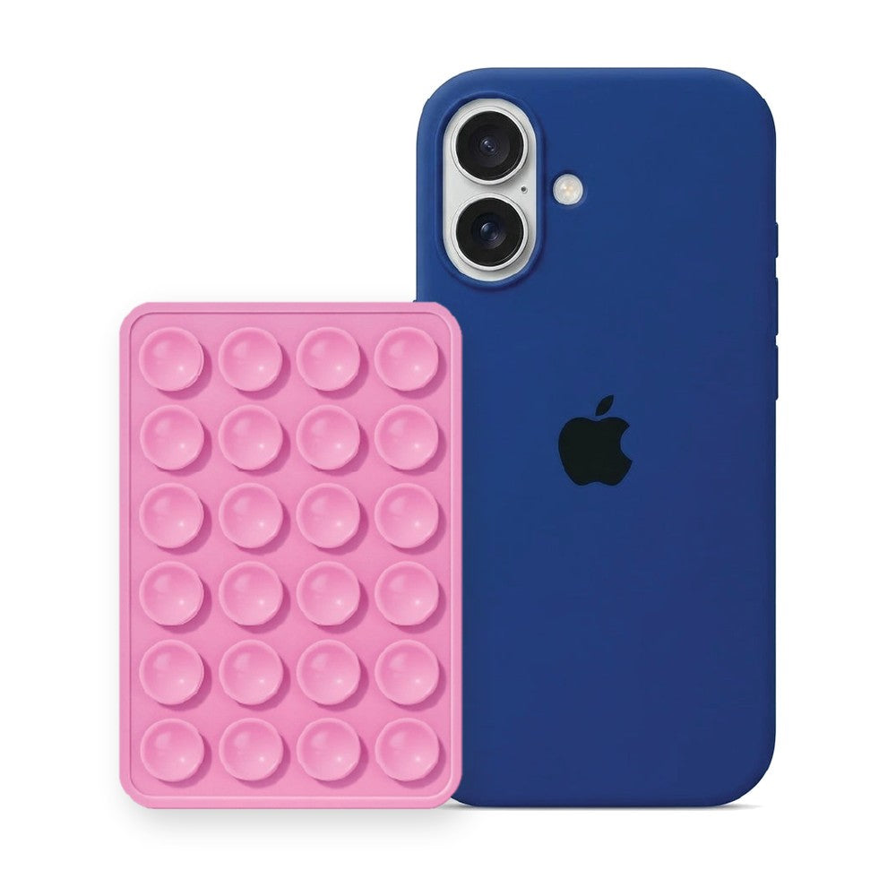 iPhone 17 Liquid Silicone case in Royal Blue with a Light Pink suction phone holder