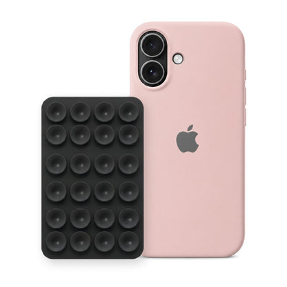 iPhone 17 Liquid Silicone case in Sand Pink with a Black suction phone holder