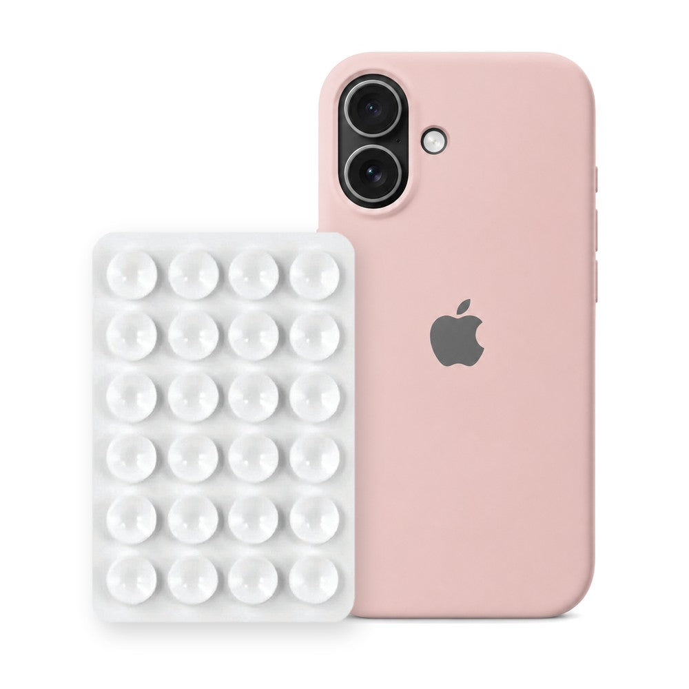 iPhone 17 Liquid Silicone case in Sand Pink with a White suction phone holder