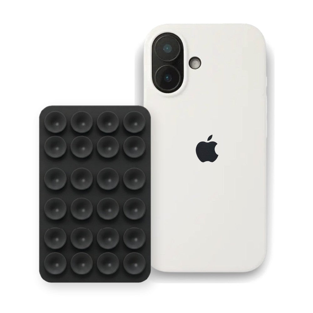 iPhone 17 Liquid Silicone case in White with a Black suction phone holder