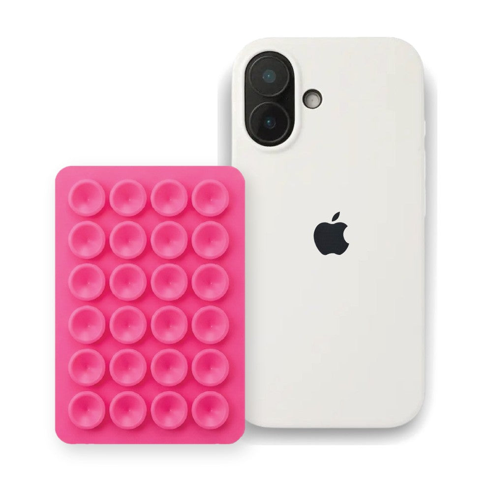 iPhone 17 Liquid Silicone case in White with a Hot Pink suction phone holder