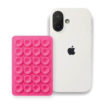 iPhone 17 Liquid Silicone case in White with a Hot Pink suction phone holder