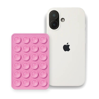 iPhone 17 Liquid Silicone case in White with a Light Pink suction phone holder