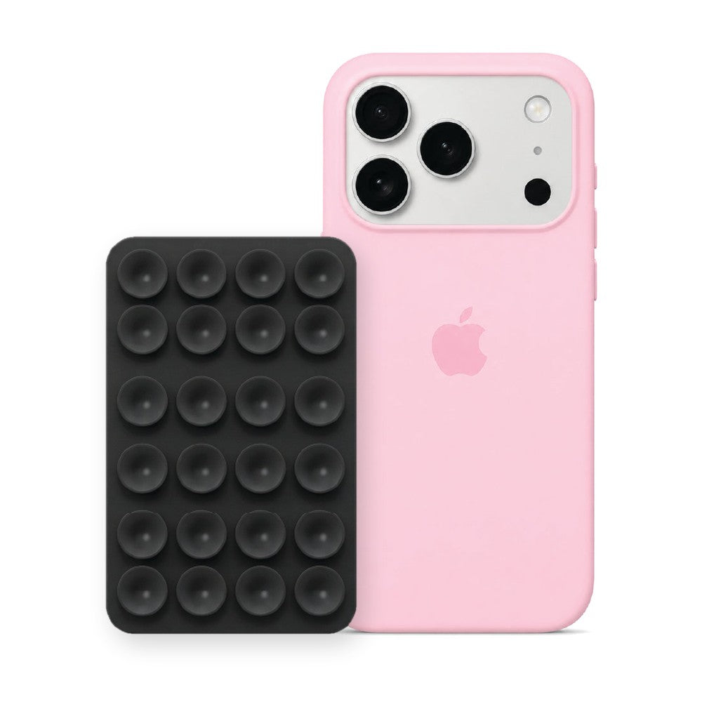 iPhone 17 Pro Liquid Silicone case in Baby Pink with a Black suction phone holder