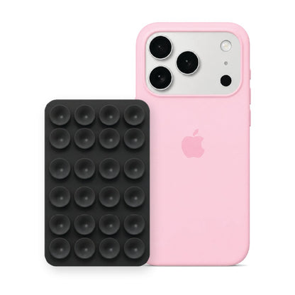 iPhone 17 Pro Liquid Silicone case in Baby Pink with a Black suction phone holder