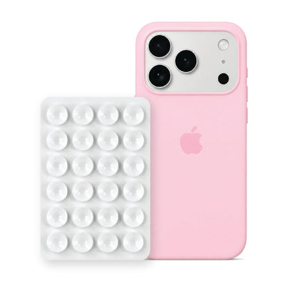 iPhone 17 Pro Liquid Silicone case in Baby Pink with a White suction phone holder
