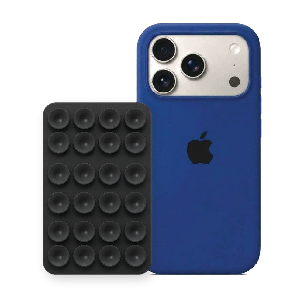 iPhone 17 Pro Liquid Silicone case in Royal Blue with a Black suction phone holder